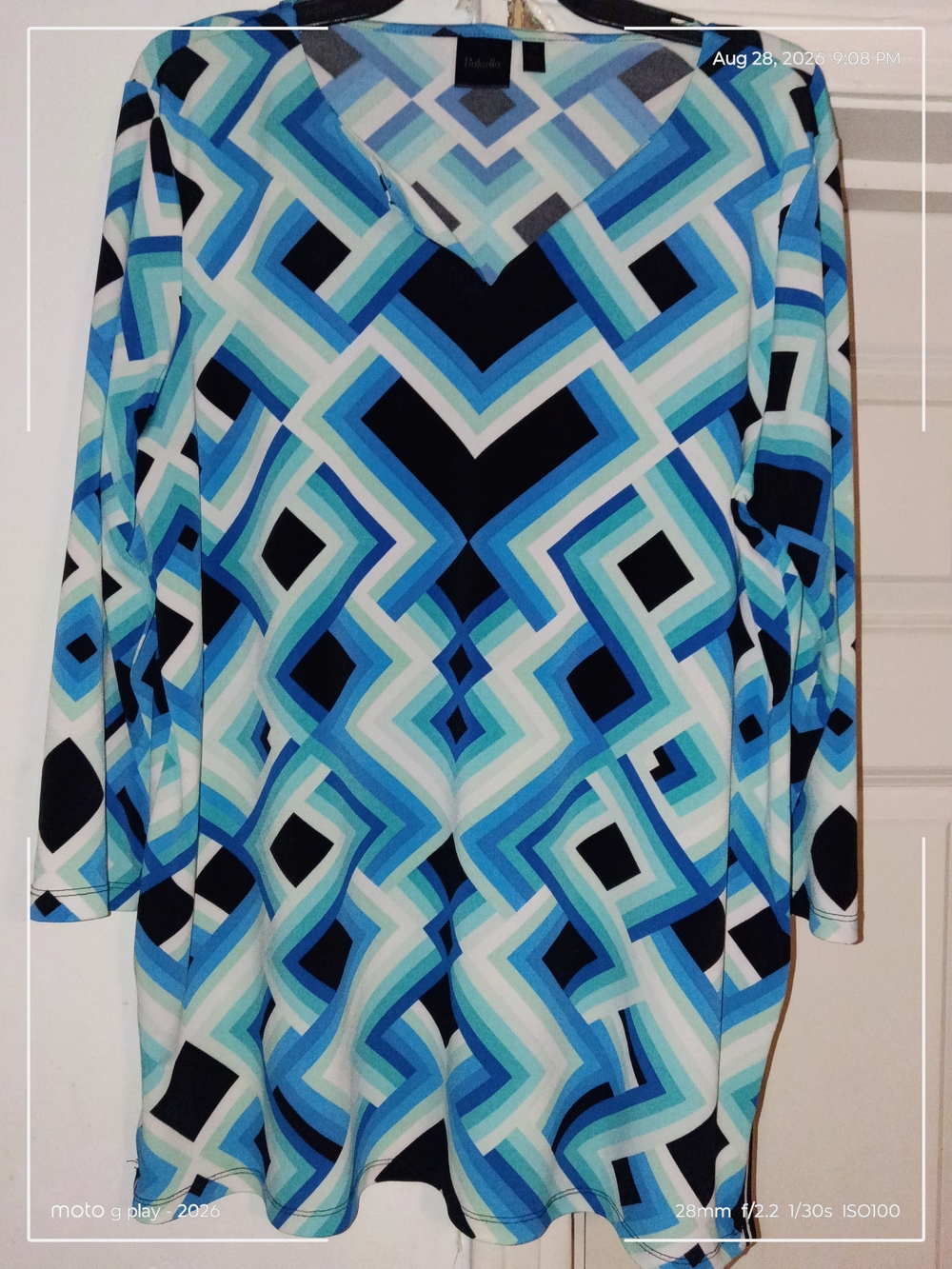 Rafaella Blue and White Geometric V-Neck Blouse